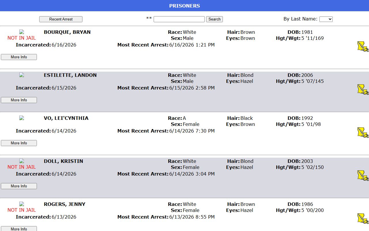 Older VPSO prisoner page showing Act 494 booking photo notice and Recent Arrest search controls