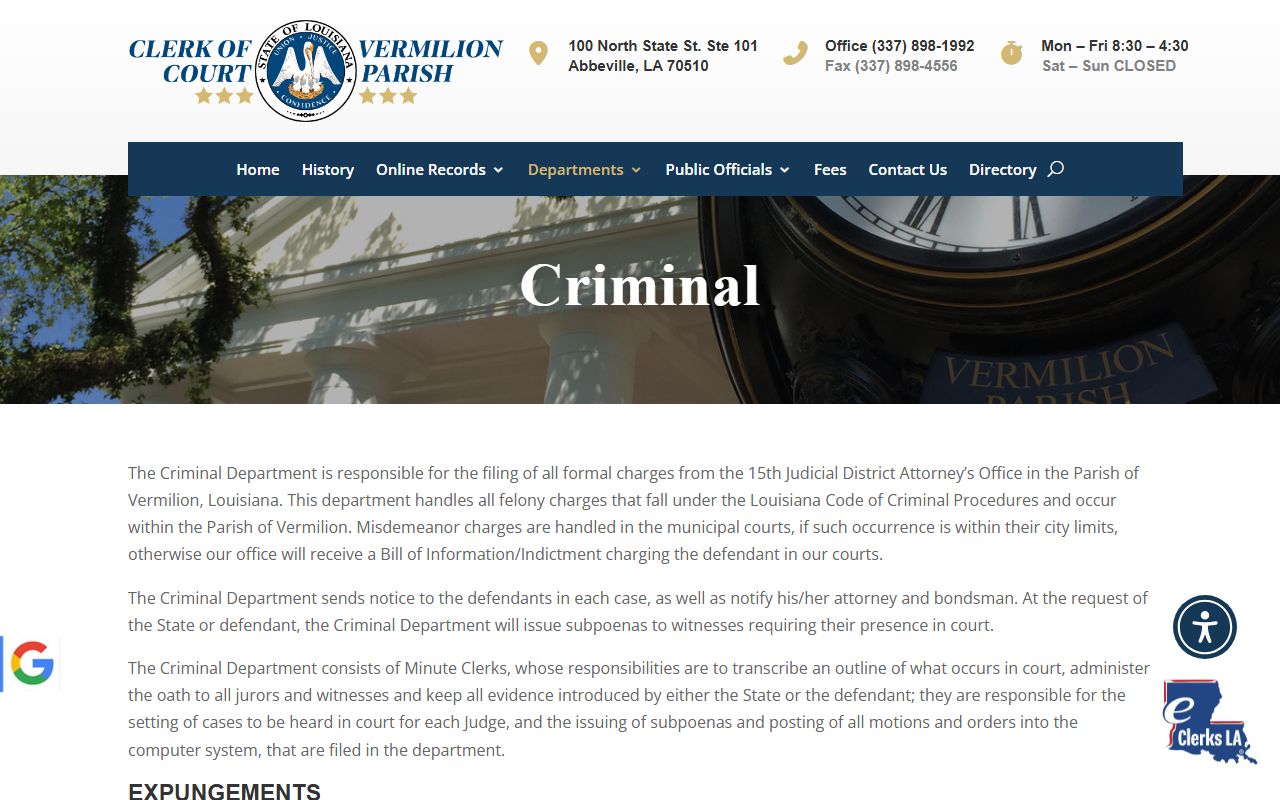 Vermilion Clerk Criminal Department page for formal criminal charges and expungement information