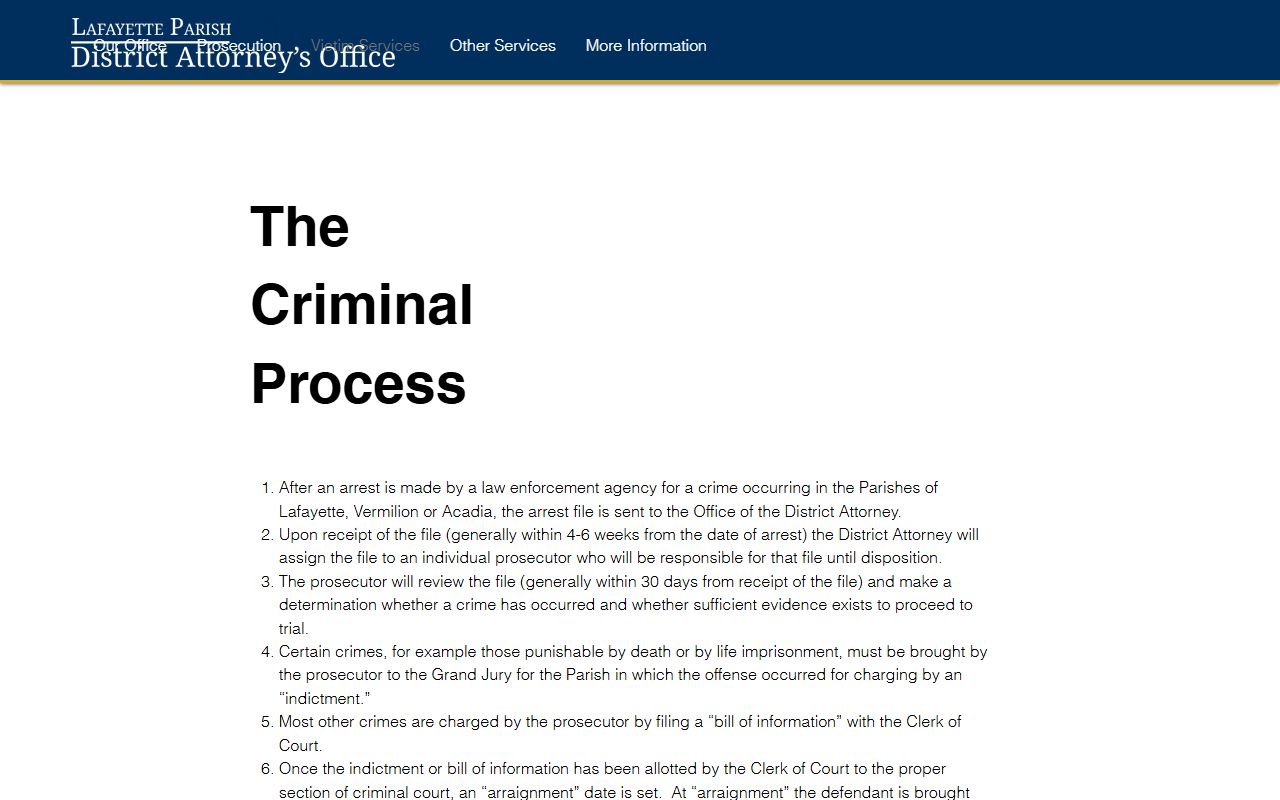 15th Judicial District Attorney criminal process page for arrest file review and charging decisions