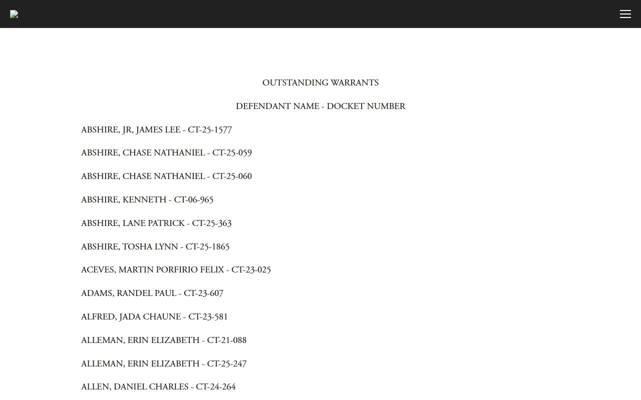 Kaplan City Court outstanding warrant list with defendant names and docket numbers
